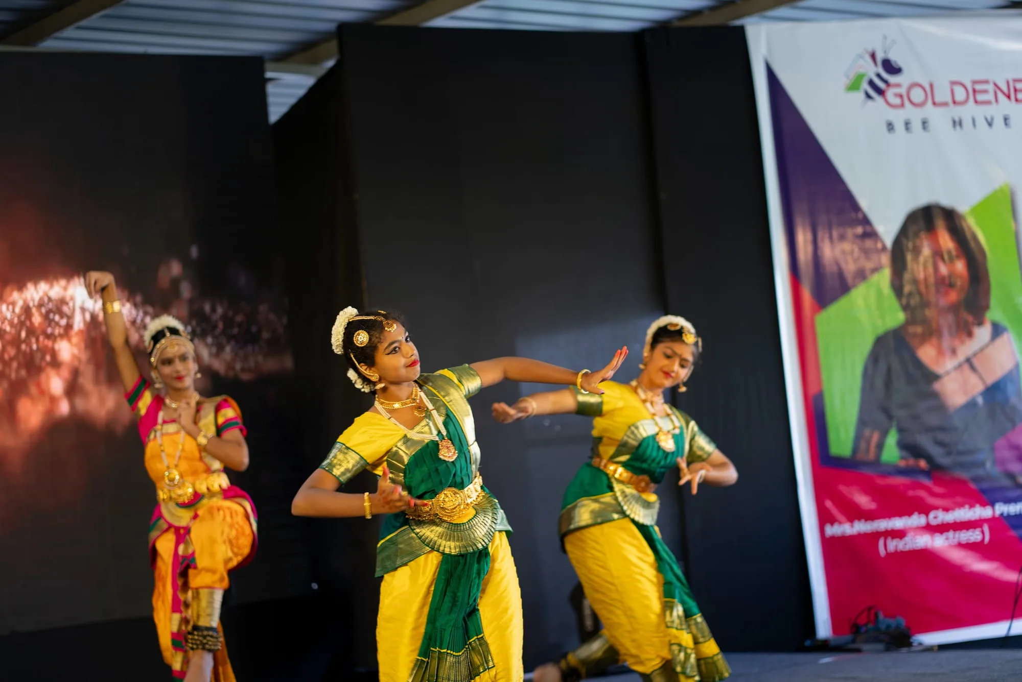 Bharatanatyam performers on stage at the GoldenBee HIVE concert